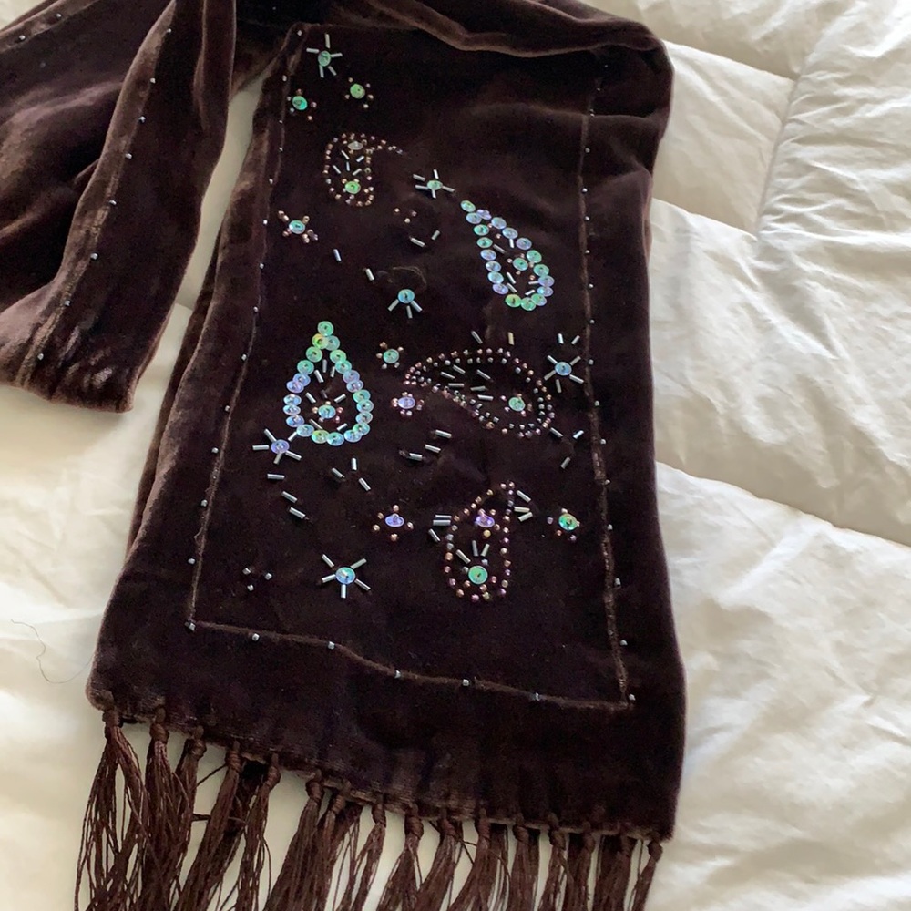Vintage Velvet Beaded Sequin Scarf with fringe